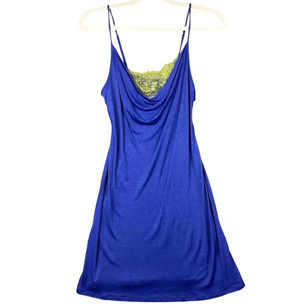 Josie Natori Royal Blue Lace Trim Cowl Neck Adjustable Strap Slip Dress Small